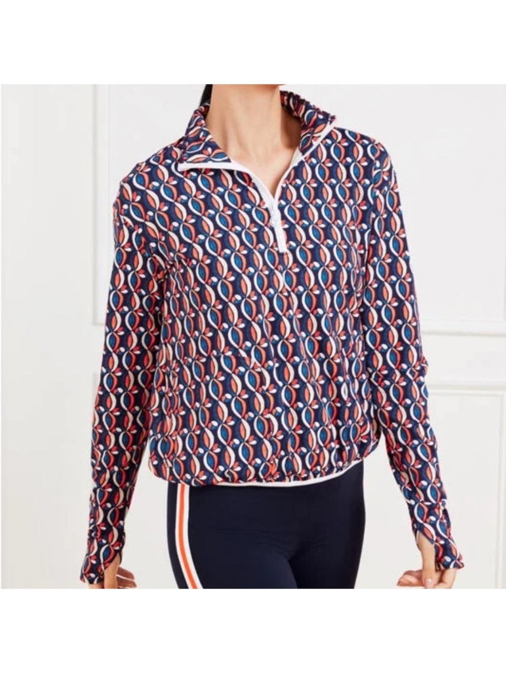 T by Talbots Navy and Red Geometric Half-Zip Nylon Spandex Blend Pullover NWT